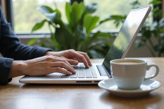 A person typing on a laptop with a cup of coffee and plants around, symbolizing communication and connection.
