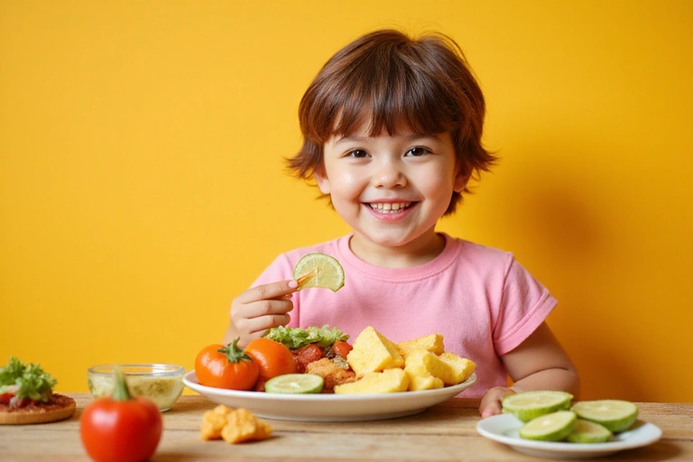 A happy child eating a colorful, healthy meal with fruits and vegetables, symbolizing good nutrition and joyful eating.